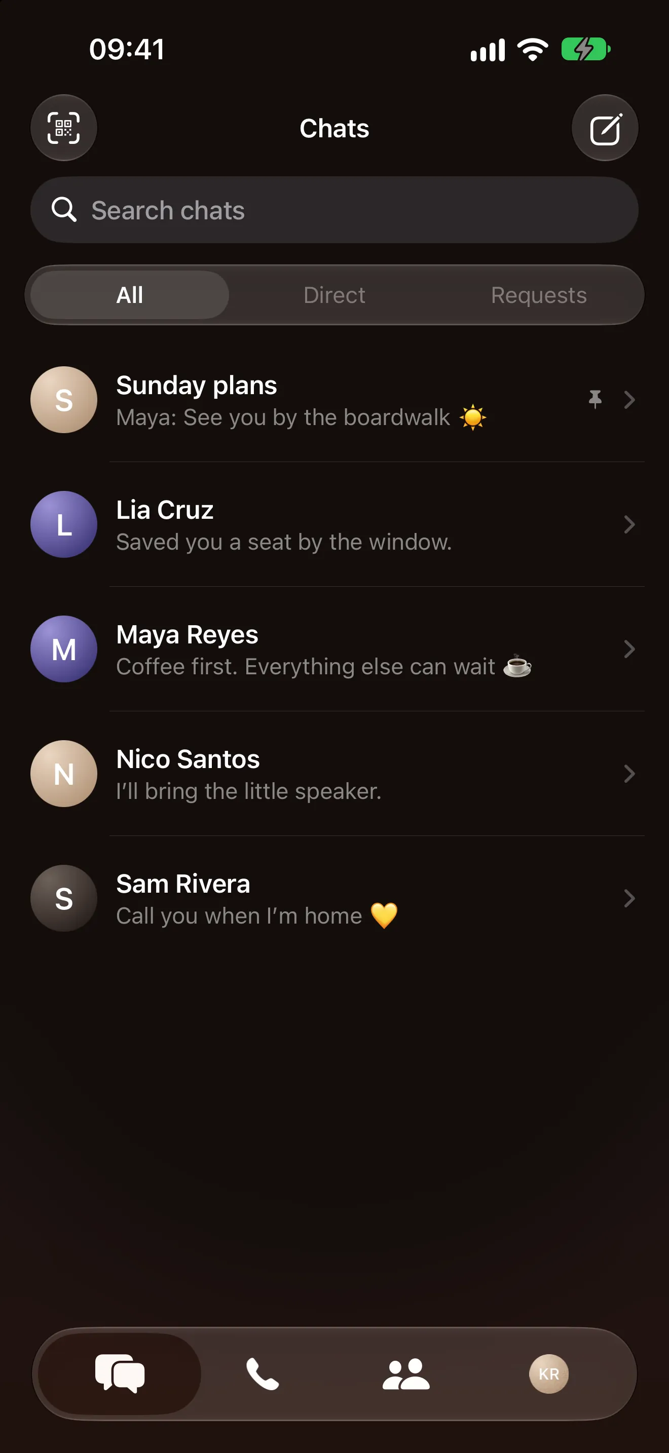 Comin chat list with Sunday plans, Maya, Nico, Lia and Sam